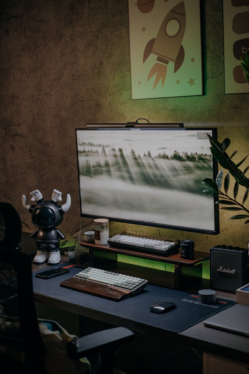 Cozy desktop setting with monitor, keyboard, and unique decorations in a home office.